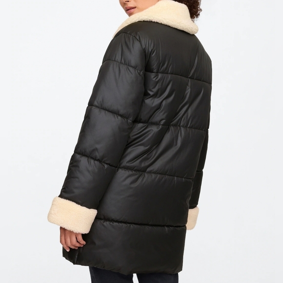Womens GAP Relaxed ColdControl Long Sherpa Puffer Coat Black/ White Trim Quilted - Picture 2 of 10